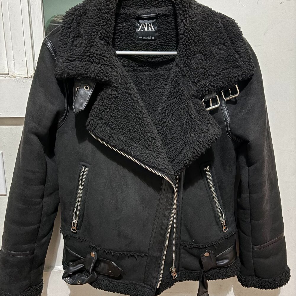 Zara Asymetrical Suede & Fleece Black Moto Jacket M